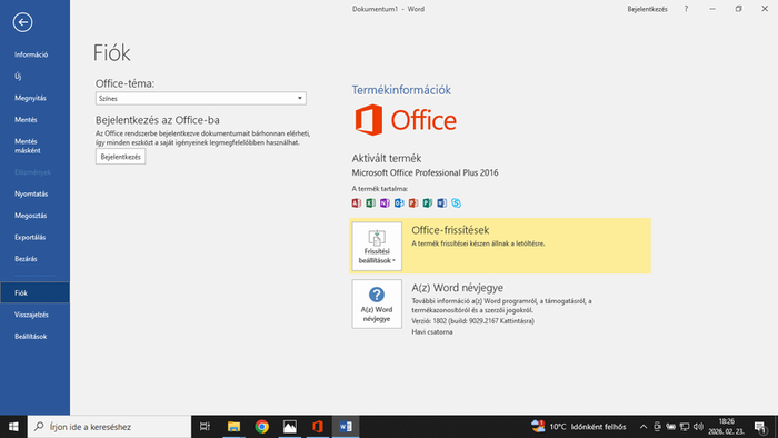 Az Office frissítése a fiók oldalon