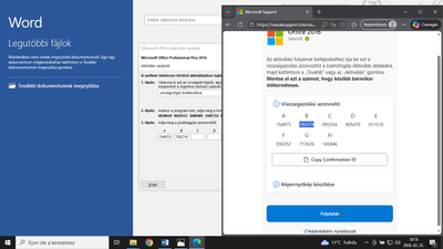 Visszaigazolási azonosító kódok beírása az Office aktiválási ablakába