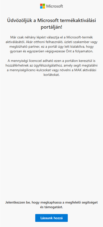 MICROSOFT TERMÉKAKTIVÁLÁSI PORTÁL BELÉPÉS